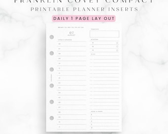 Franklin Covey Compact Daily Dated Planner, Printable Planner Inserts, PDF download, minimal functional design, FC Compact Printable