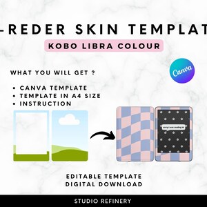 May include: Digital template for a Kobo Libra Colour e-reader skin. The image shows a pink and blue checkered design and a black and white floral design. Text includes "E-REDER SKIN TEMPLATE", "KOBO LIBRA COLOUR", and "EDITABLE TEMPLATE DIGITAL DOWNLOAD".