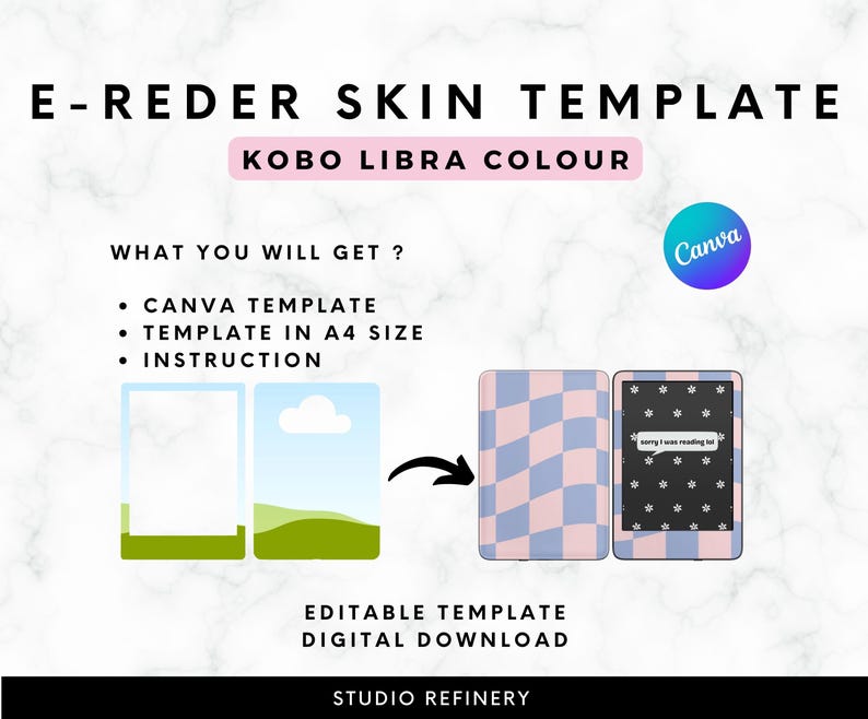 May include: Digital template for a Kobo Libra Colour e-reader skin. The image shows a pink and blue checkered design and a black and white floral design. Text includes "E-REDER SKIN TEMPLATE", "KOBO LIBRA COLOUR", and "EDITABLE TEMPLATE DIGITAL DOWNLOAD".