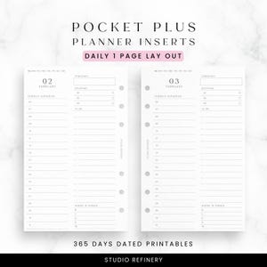 Pode incluir: Inserções de planejador brancas com o texto "POCKET PLUS PLANNER INSERTS DAILY 1 PAGE LAY OUT". As inserções incluem horários diários, listas de prioridades e espaço para água e refeições. As datas "02 FEVEREIRO" e "03 FEVEREIRO" são visíveis.