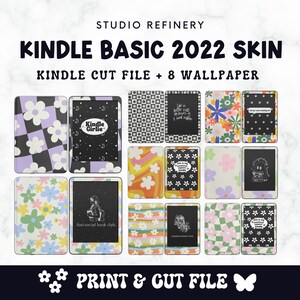 Puede incluir: Un conjunto de 8 diseños de papel tapiz digital imprimibles para un lector electrónico Kindle Basic 2022. Los diseños presentan una variedad de patrones de inspiración retro, incluyendo diseños florales, a cuadros y a rayas. Los diseños están en una variedad de colores, incluyendo rosa, amarillo, azul, verde y negro.