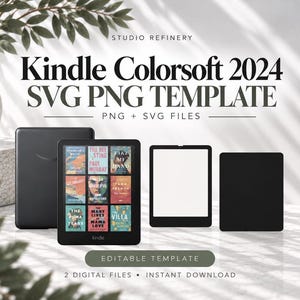Op de afbeelding: Een digitale sjabloonset voor de Kindle Colorsoft 2024, inclusief SVG- en PNG-bestanden. De afbeelding toont vier zwarte e-readers, één met een raster van negen boekomslagen, één met een wit scherm en twee met een zwarte achterkant.