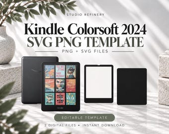 May include: A digital template set for the Kindle Colorsoft 2024, featuring SVG and PNG files. The display shows four black e-reader devices, one with a grid of nine book covers, one with a blank white screen, and two solid black backs.
