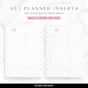 May include: White A5 planner inserts with a daily 1-page layout. The inserts include sections for scheduling, priorities, and to-do lists. The text on the inserts reads "A5 | PLANNER INSERTS", "365 DAYS DATED PRINTABLES", and "DAILY 1 PAGE LAY OUT".