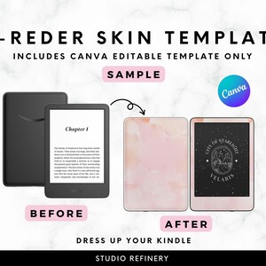 May include: An e-reader skin template with the text "E-READER SKIN TEMPLATE" and "INCLUDES CANVA EDITABLE TEMPLATE ONLY". The image shows a Kindle before and after skin application, with a pink watercolor design and a starry night design.