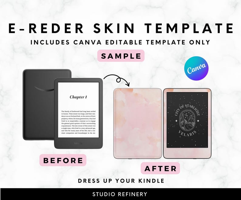 May include: An e-reader skin template with the text "E-READER SKIN TEMPLATE" and "INCLUDES CANVA EDITABLE TEMPLATE ONLY". The image shows a Kindle before and after skin application, with a pink watercolor design and a starry night design.