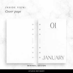 May include: Two white planner pages with black text. The left page reads "Cover page" and the right page reads "01" above "JANUARY". The words "MINIMAL DESIGN" and "STUDIO REFINERY" are also visible.