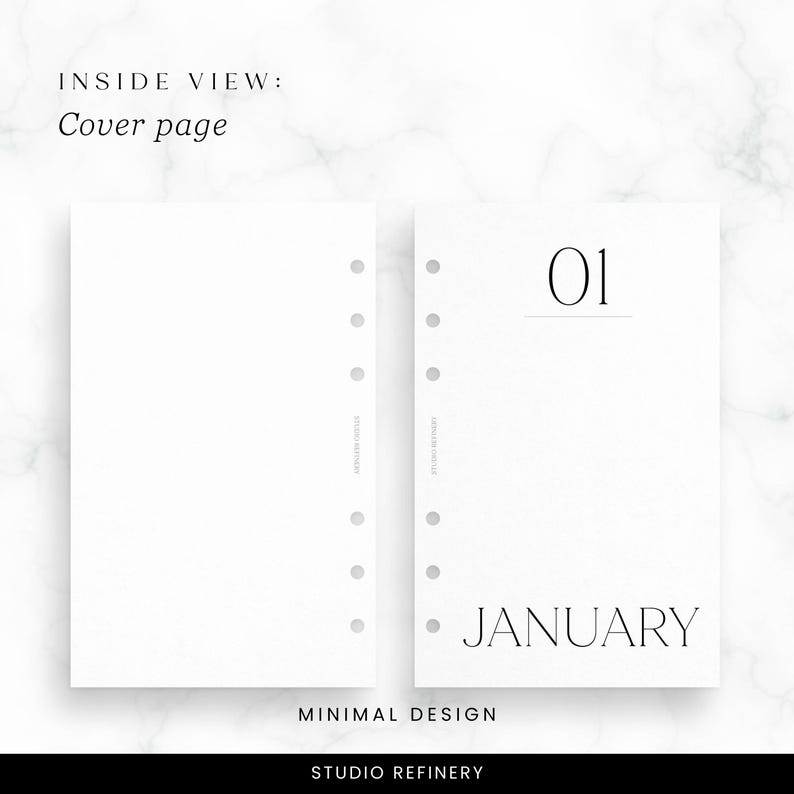 May include: Two white planner pages with black text. The left page reads "Cover page" and the right page reads "01" above "JANUARY". The words "MINIMAL DESIGN" and "STUDIO REFINERY" are also visible.