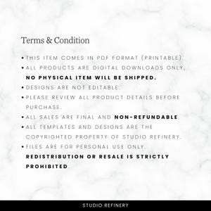 May include: White background with the text "Terms & Condition" and bullet points detailing the terms of service. The text includes information about digital downloads, non-editability, and final sales. The Studio Refinery logo is at the bottom.