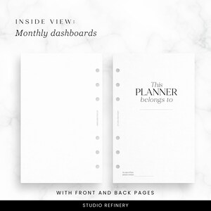 May include: A white planner with the text "This PLANNER belongs to" on the cover. The inside view shows monthly dashboards. The planner has front and back pages and is from Studio Refinery.