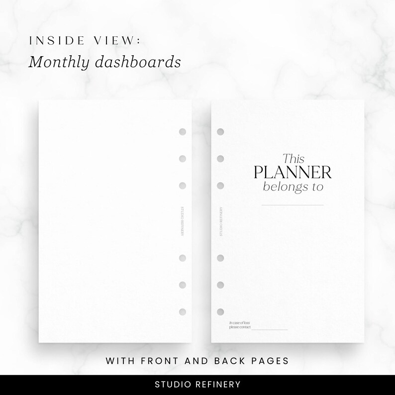 May include: A white planner with the text "This PLANNER belongs to" on the cover. The inside view shows monthly dashboards. The planner has front and back pages and is from Studio Refinery.