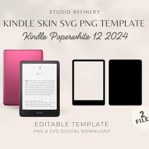 May include: A digital template for a Kindle Paperwhite 12 2024 skin. The template includes two files: a black and white SVG file and a PNG file. The template is editable and can be used to create custom skins for the Kindle Paperwhite 12 2024.