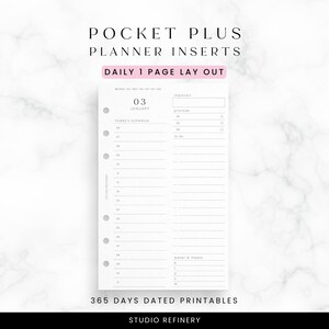 May include: A white planner insert with the text "POCKET PLUS PLANNER INSERTS" and "DAILY 1 PAGE LAY OUT". The insert includes sections for scheduling, priorities, and to-do lists. The date "03 JANUARY" is visible. The text "365 DAYS DATED PRINTABLES" is also present.