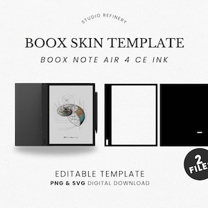 May include: A digital product mockup featuring a black Boox Note Air 4 CE Ink skin template. The image includes the text "BOOX SKIN TEMPLATE" and "EDITABLE TEMPLATE PNG & SVG DIGITAL DOWNLOAD". Two files are available.