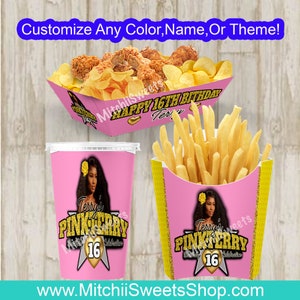Personalized Sweet Sixteen Food Snack Set- Fries Boxes 16th Birthday Party Favors- Custom Food Tray Box- Food Packaging-Meal- 16-Pink Photo