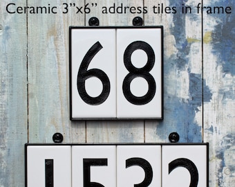 House Address Tile Numbers, 3"x6", WHITE Ceramic, Black FRAME, Modern, Contemporary, Sign, Black numbers, Font choice, Craftsman style, HOA