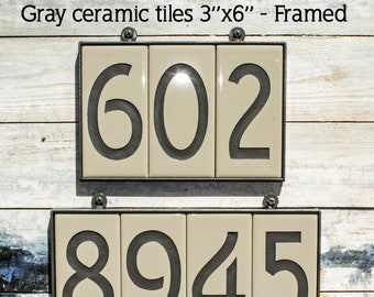 Address numbers, 3"x6", Light GRAY Ceramic tile, FRAMED, Dark Gray numbers, Modern, Contemporary, Font Choice, Sign.
