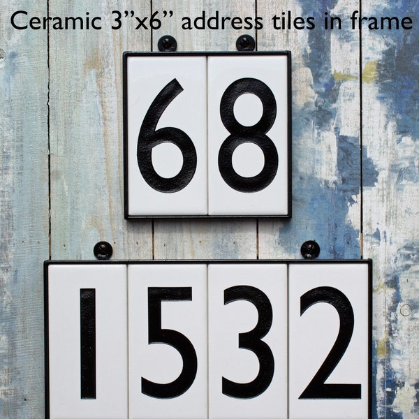 House Address Tile Numbers, 3"x6", WHITE Ceramic, Black FRAME, Modern, Contemporary, Sign, Black numbers, Font choice, Craftsman style, HOA