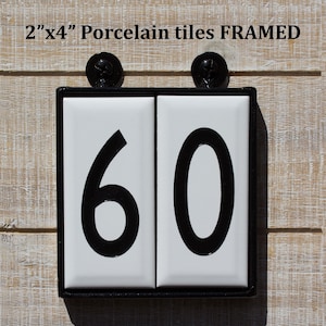 House numbers, SMALL 2"x4", WHITE Porcelain tile, Modern, FRAMED, Sign, Black numbers, Ideal for Apartments,