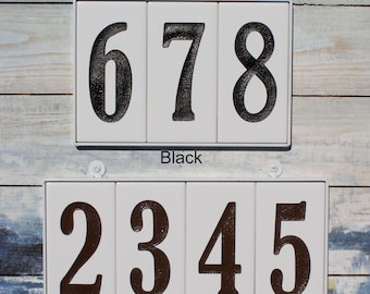 House Address numbers, BOLD FONT, WHITE ceramic tiles, 3"x6", Black or brown numbers, White wrought iron frame, Modern,