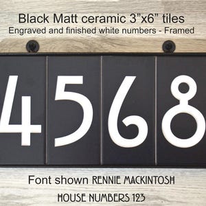 Modern Black Ceramic House Number Tile, 3&quot;x6&quot; - Black Frame, Font choice