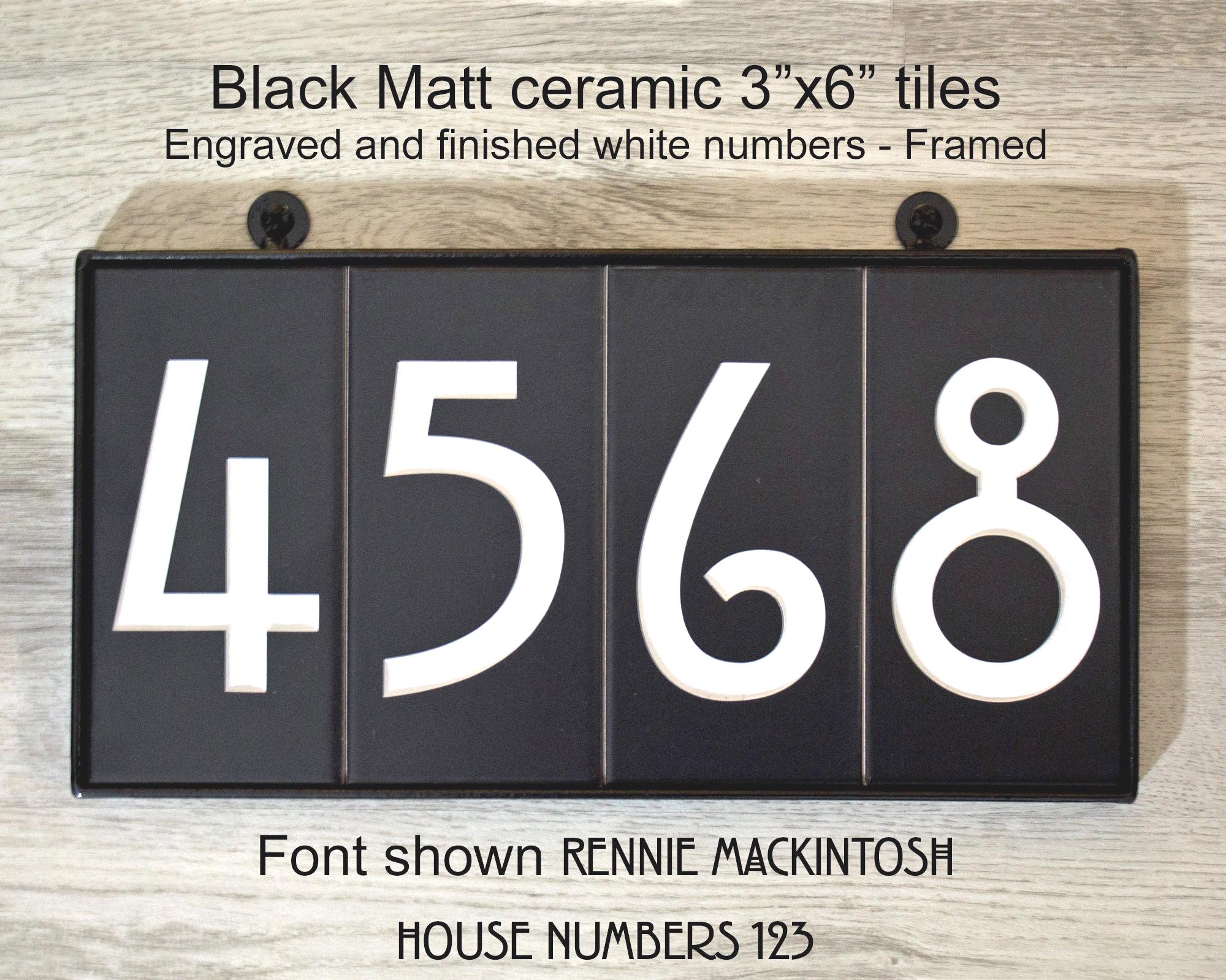 House Address Tile Number, Sign, 3"x6", BLACK Matt Ceramic, Modern, Contemporary, FRAMED, Font choice, Sign, Craftsman font,