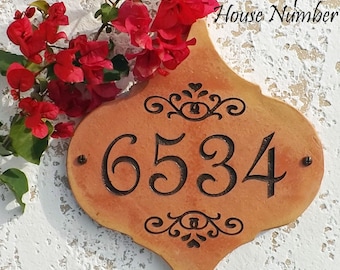 Terracotta Arabesque House Address Number Tile: Spanish Mediterranean Sign