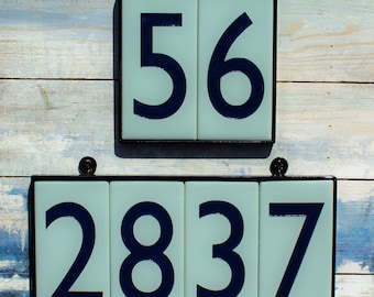 House Number Address Tiles, 3"x6", Light BLUE ceramic tiles, FRAMED, Modern, Contemporary,  Sign, Dark Blue numbers, Font choice,