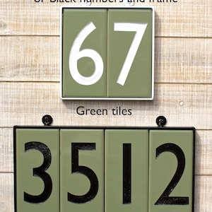 May include: Two sets of house numbers made from ceramic tiles. The first set is green with white numbers, showing the number 67. The second set is green with black numbers, showing the number 3512.  Ceramic 3"x6" tiles, choice of White numbers and frame or Black numbers and frame.  Housenumbers 123