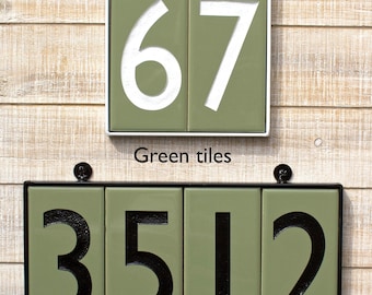 House numbers, 3"x6", GREEN ceramic tiles, Modern, Contemporary, FRAMED, Sign, White or Black numbers, Font choice, Gift