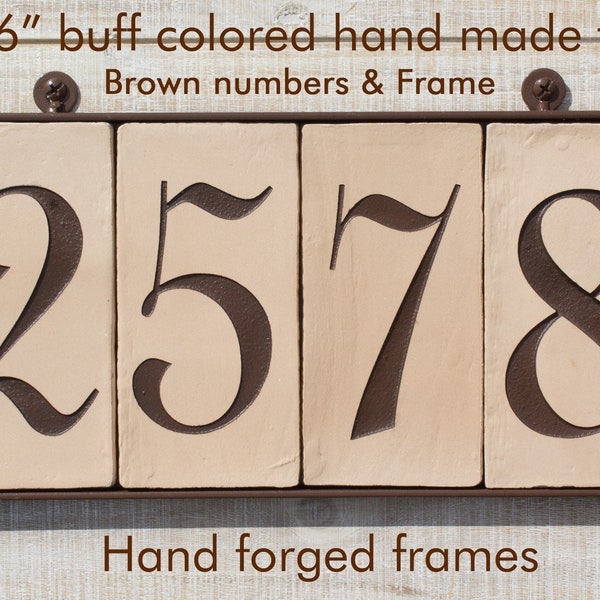 Buff colored hand-made 3"x 6" clay house address tile numbers, Sign, Hand-forged FRAMED, Engraved 4" numbers finished dark brown or black