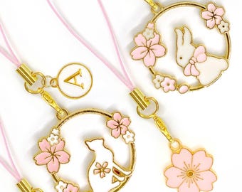 Cherry Blossom Phone Charm with Personalized Letter - Sakura Floral Keychain for Kawaii Cat & Bunny Gift Lovers, Spring Accessory