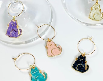 Cat Wine Glass Charms Set - Personalized Cat Lover Gift, Monogram Wine Markers, Unique Cat Wine Accessories, Wine Lover Gift Idea