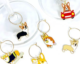 Corgi Dog Wine Glass Charms – Fun Drink Markers Featuring Playful Corgi Designs in 6, 12 or A–Z Letter Tag Sets for Dog Lover Gifts