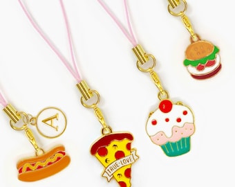 Kawaii Food Phone Charms with Enamel Pizza, Cupcake, Burger & Donut Designs, Pink Lanyard Strap with Monogram Letter Charm