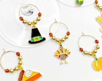 Thanksgiving Wine Glass Charms – Autumn Enamel Drink Tags with Turkey, Pumpkin, Pie & More for Fall Gatherings and Holiday Hosting