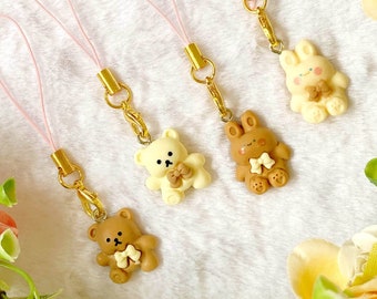 PCA-013-Kawaii Small Bunny and Teddy Bear Charms, Cute Kuma Usagi Keychain, Phone Charm accessory, Teddy bear Keyring, Y2k Gift