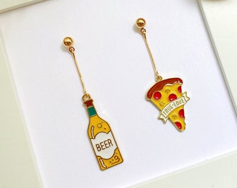 Beer & Pizza earrings | st patricks earrings | oktoberfest dangle earrings | pizza and beer lover gifts for her l pepperoni pizza lover gift