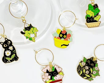 Botanical Black Cat Wine Glass Charms – Cute Garden Plant Kitty Drink Markers for Parties, Plant Moms, Cat Lovers, or Wine Gift Sets
