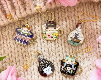 STA-006-Cat in mug knitting markers set for knitting | cat stitch markers set | cat knitters markers l cat owner gift | animal lover gift