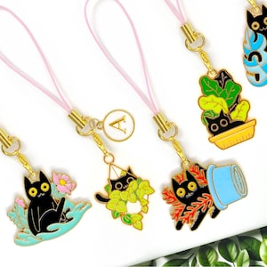Abalorio para teléfono con diseño de gato negro kawaii y letra personalizada: un adorable llavero de gato en maceta para amantes de las plantas y mamás gatunas. Regalos para amantes de las plantas.