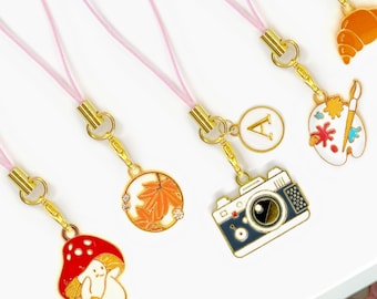 Cozy Autumn Phone Charm with Personalized Letter-Woodland Mushroom, Artist Palette, Camera & Seasonal Keychain Gift for Fall and Art Lovers