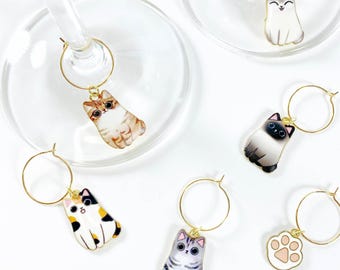 Chubby Cats Wine Glass Charms – Kawaii Enamel Drink Markers in Sets of 6, 12 or A-Z Monogram for Wine Nights & Cat Lover Gifts