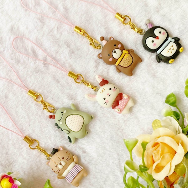 Cadena de teléfonos de animales Kawaii, encanto de teléfono Y2K, colgante de conejito, encanto de coche chino, regalo para ella, llavero de pingüino, encanto de gato kawaii, osito de peluche