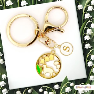 White Cat with Lily of the Valley Keychain - Elegant Floral Enamel Charm Gift for Cat Lovers and Garden Aesthetic Accessories-K-A026-3