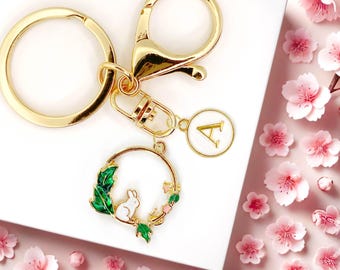 Cute Enamel Keychain: Sakura Cherry Blossom White Bunny Rabbit Monogram Charm- K-A014-2
