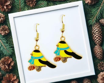 Winter Yellow Bird Dangle Earrings, Cute Seasonal Jewelry Gift for Bird Lovers, Whimsical and Festive Accessory - ERA-A040-4