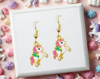 Pink Unicorn Fairy Dangle Earrings 18k Gold Plated Hook, Cute Kawaii Jewelry Gift for Fantasy and Whimsical Accessory Fans - ERA-A130-6