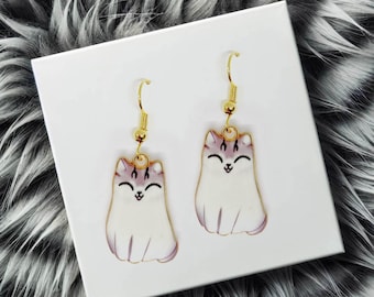 White Cat Dangle Earrings with Enamel Pendant and 18k Gold Plated Hook, Kawaii Jewelry Gift for Cat Lovers, Fun &  Cute Accessory-ERA-A004-3