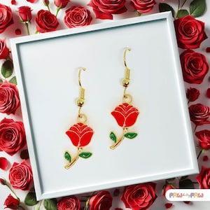 Red Rose Dangle Earrings, Romantic Jewelry Gift for Valentine’s Day, Love-Inspired Beauty and the Beast Accessory - ERA-A031-1